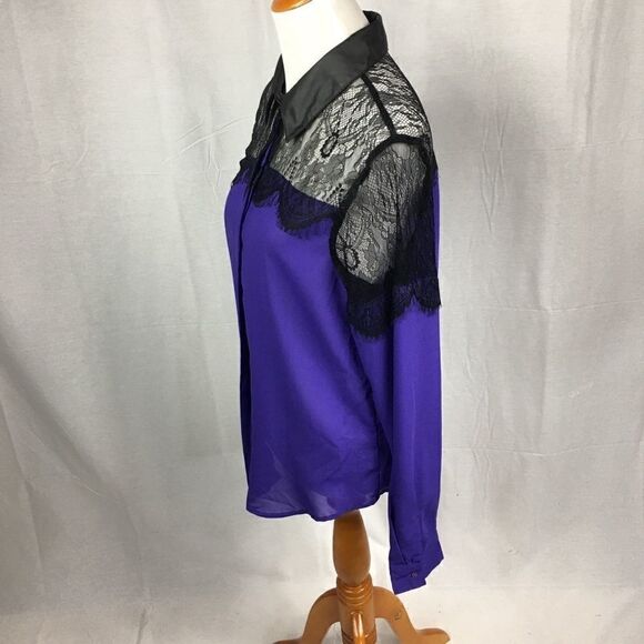 NWT Glol XL purple black lace button shirt long sleeved 100% polyester - Picture 2 of 7